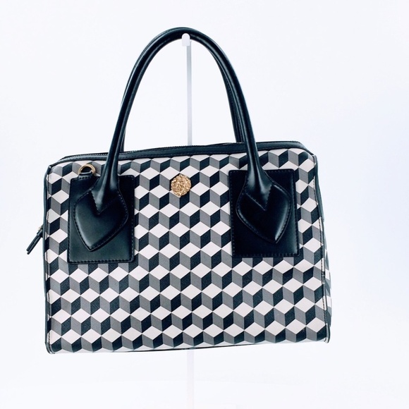 Anne Klein Lion Head Dome Satchel Black White Geometric Print Vegan Handbag - Picture 1 of 16